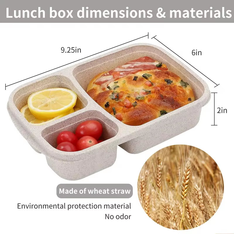 Bento Lunch Box 3 Compartment Wheat Straw Meal Prep Food Storage Containers Plastic, 1 Pack