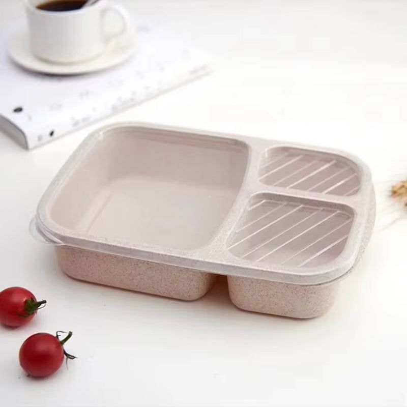 Bento Lunch Box 3 Compartment Wheat Straw Meal Prep Food Storage Containers Plastic, 1 Pack